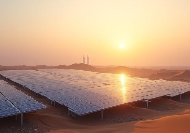 ألواح شمسية حديثة في الكويت تحت ضوء الشمس الذهبي